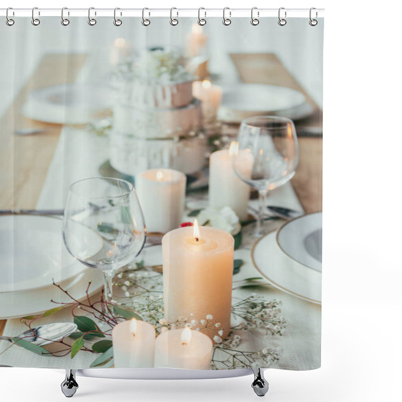 Personality  Close Up View Of Stylish Table Setting With Candles, Empty Wineglasses And Plates For Rustic Wedding Shower Curtains