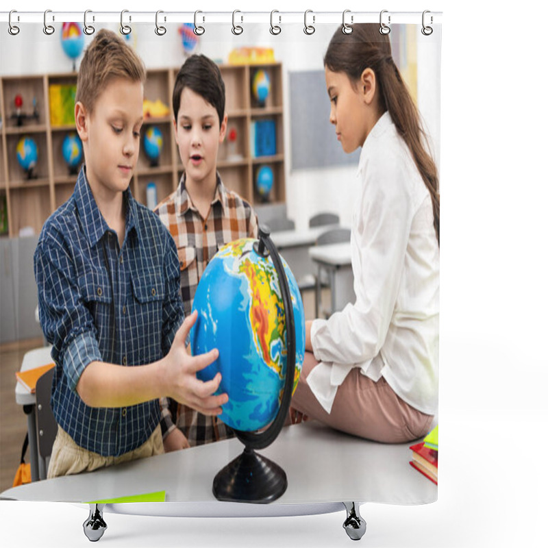 Personality  Three Cheerful Pupils Playing With Globe In Classroom During Geography Lesson Shower Curtains