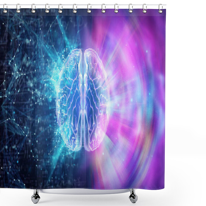 Personality  Creative Background, The Human Brain On A Blue Background, The Hemisphere Is Responsible For Logic, And Responsible For Creativity. Different Hemispheres Of The Brain, 3D Illustration, 3D Render Shower Curtains