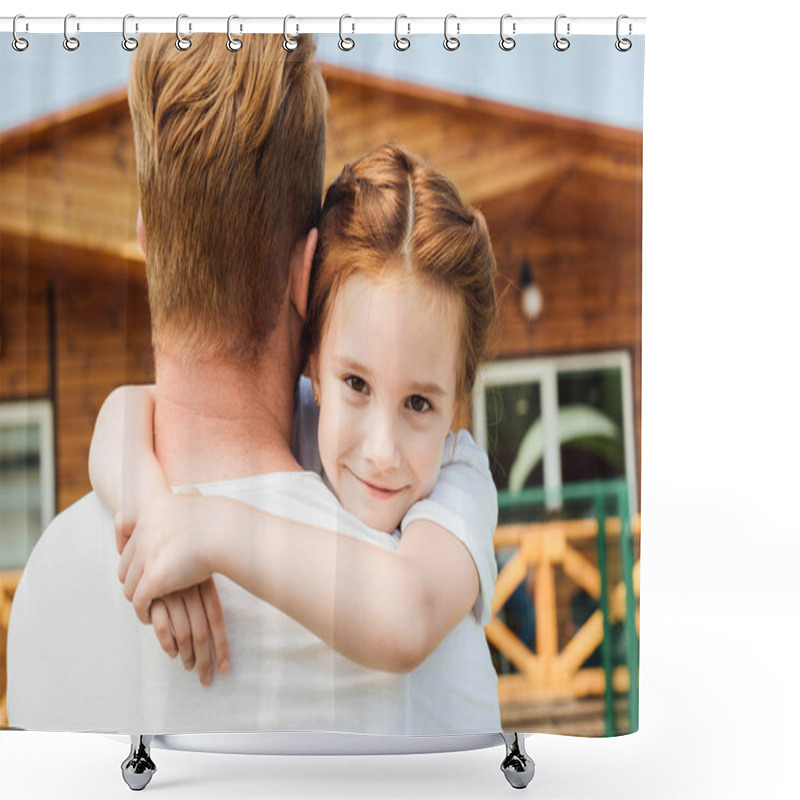 Personality  Rear View Of Father Embracing His Adorable Little Daughter While She Looking At Camera Shower Curtains