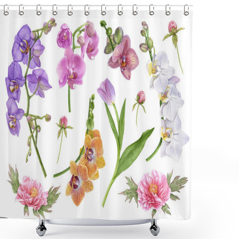 Personality  Watercolor Flowers, Pink Peonies, Purple Tulip With Leaves, Pink Orchids, White And Violet Orchids, Peony Buds Isolated On White Background. Beautiful Flowers. Shower Curtains