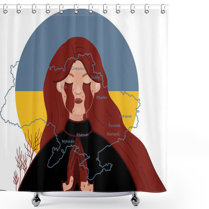 Personality  Illustration Of Crying Ukrainian Woman Praying With Closed Eyes Near Map Of Country Shower Curtains