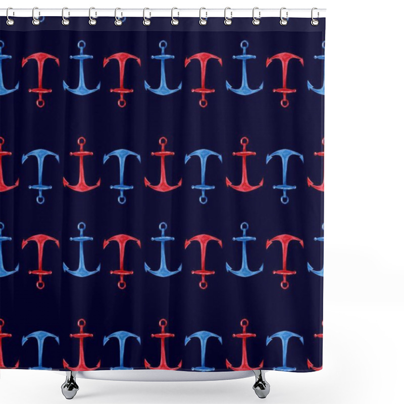 Personality  Watercolor Hand Drawn Seamless Pattern With Red, Blue Anchors On Dark Blue Background. Cute And Simple Nautical Design. Shower Curtains