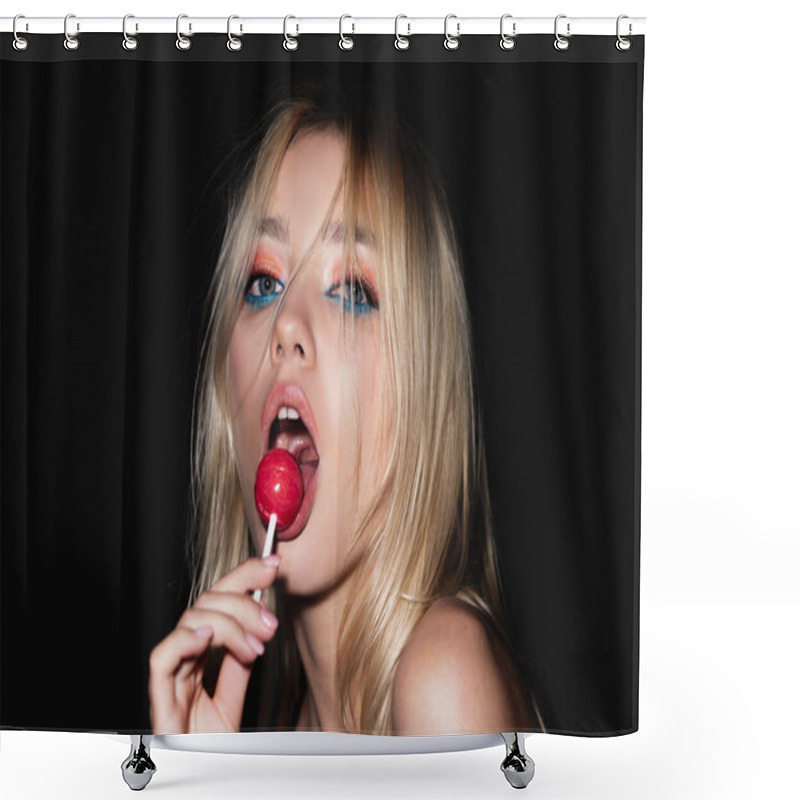 Personality  Sensual Beautiful Young Woman Lick Lollipop On Studio Background. Beauty, Fashion. Cosmetics, Make-up. Portrait Of Sexy Woman Shower Curtains