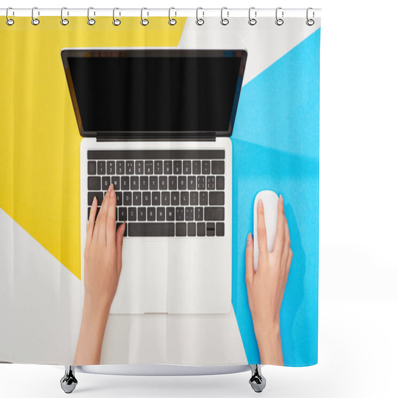 Personality  Cropped View Of Woman Using Laptop With Blank Screen And Computer Mouse On Yellow, Blue And White Background Shower Curtains