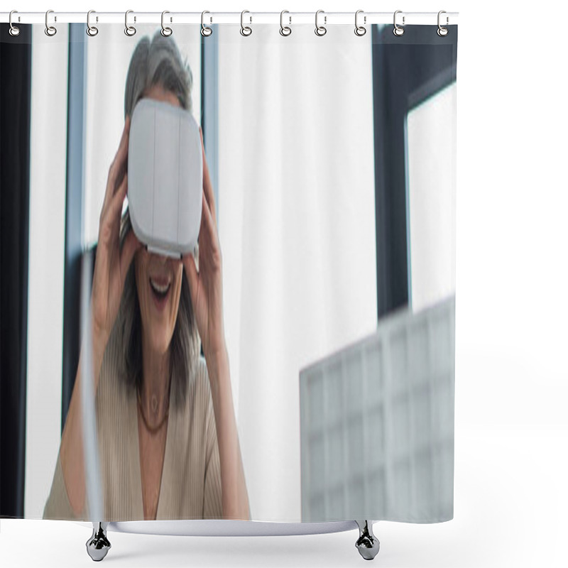 Personality  Grey Haired Businesswoman Using Virtual Reality Headset Near Blurred Model Of Building In Office, Banner  Shower Curtains