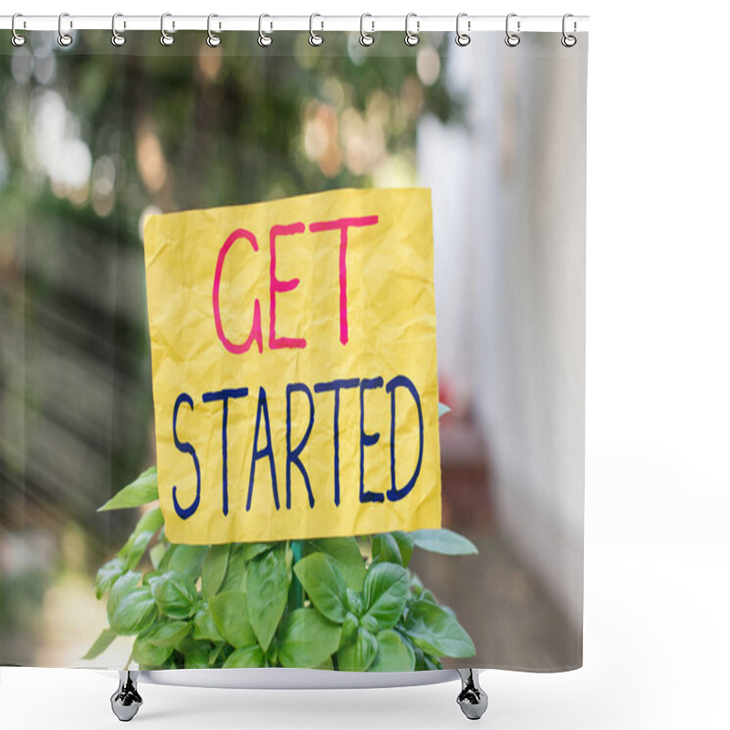 Personality  Word Writing Text Get Started. Business Concept For To Begin Accomplishing Or Working On The Tasks To Finish It Plain Empty Paper Attached To A Stick And Placed In The Green Leafy Plants. Shower Curtains