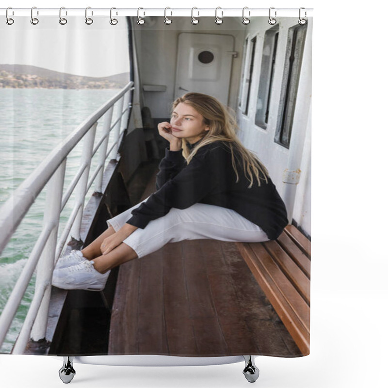 Personality  Dreamy Woman In Black Sweater Sitting On Bench While Looking At Sea From Ferry Boat Crossing Bosphorus Strait Shower Curtains