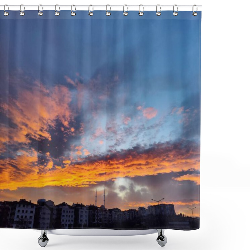 Personality  Fiery Sunset Of Hope: The Dramatic Blend Of Orange Flames And Calm Blue Sky, Symbolizing Balance Between Chaos And Serenity Shower Curtains