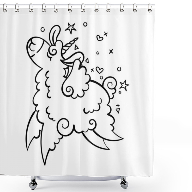 Personality  Cute Curly Llama Unicorn Is Flying And Dancing With Happiness. Vector Illustration For Coloring Pages, Children And Adult Prints, Baby Shower Shower Curtains