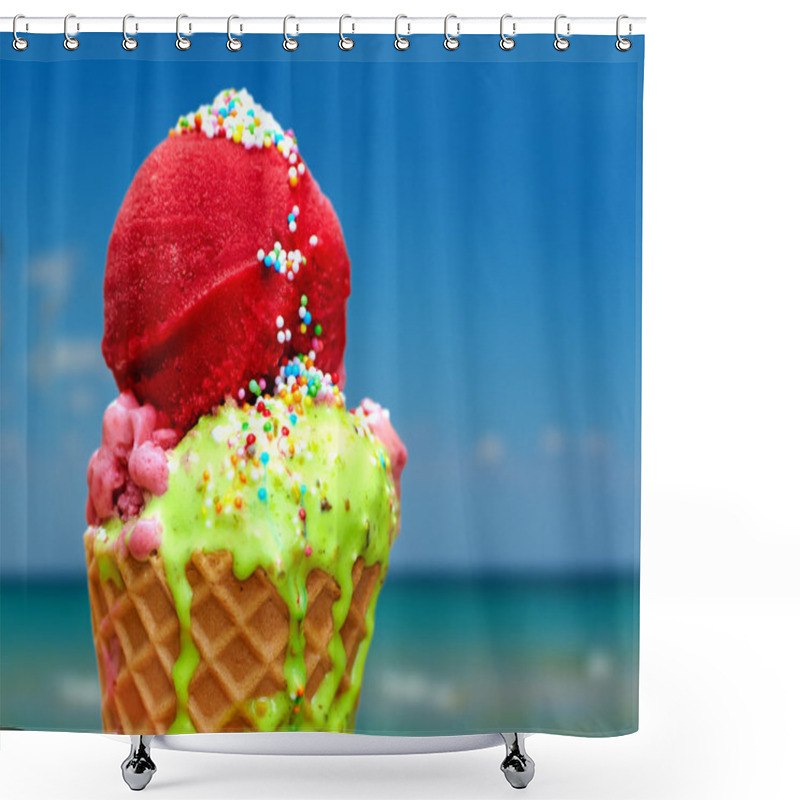 Personality  Tasty Melting Ice Cream On Summer Background Shower Curtains