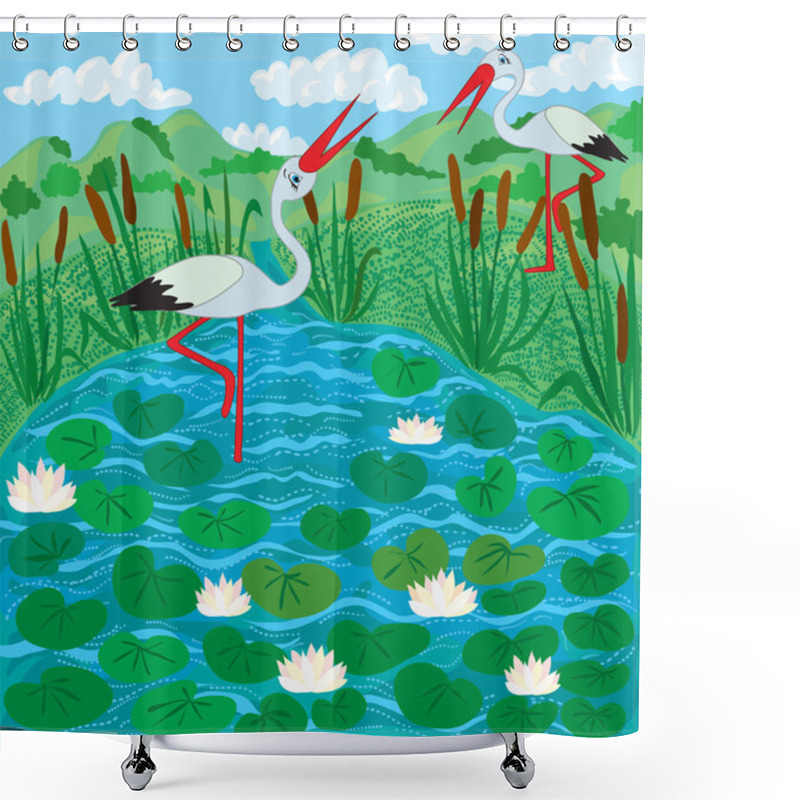 Personality  Cartoon Lake With Storks Shower Curtains