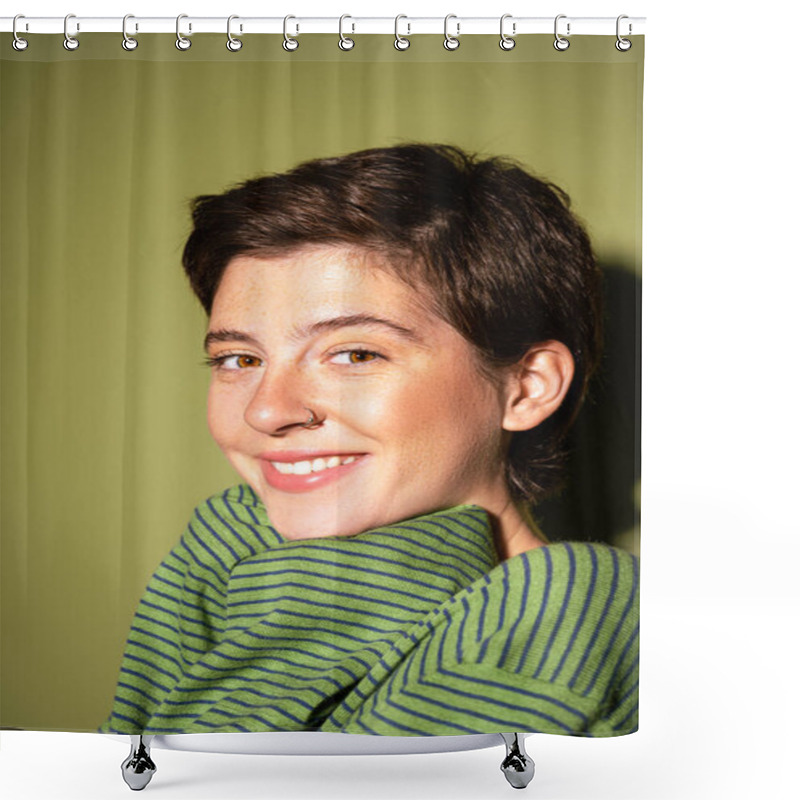 Personality  Portrait Of Joyful Woman With Freckles And Short Brunette Hair Looking At Camera On Green Background Shower Curtains