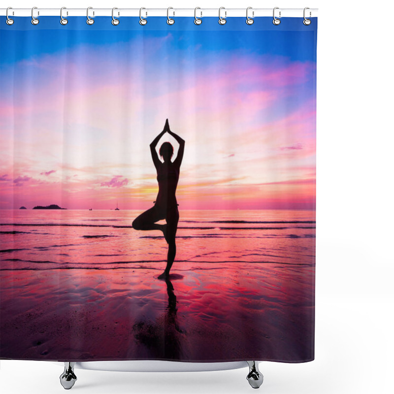 Personality  Young Woman Yoga Practice At The Seaside At Sunset Shower Curtains