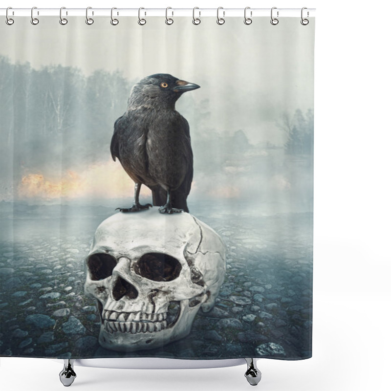 Personality  Black Raven On The Skull. Halloween Scene Shower Curtains