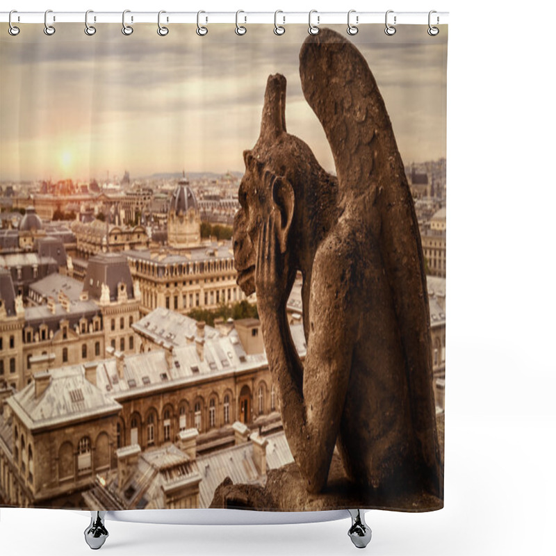 Personality  Gargoyle Of Cathedral Of Notre Dame De Paris Overlooking Paris Shower Curtains