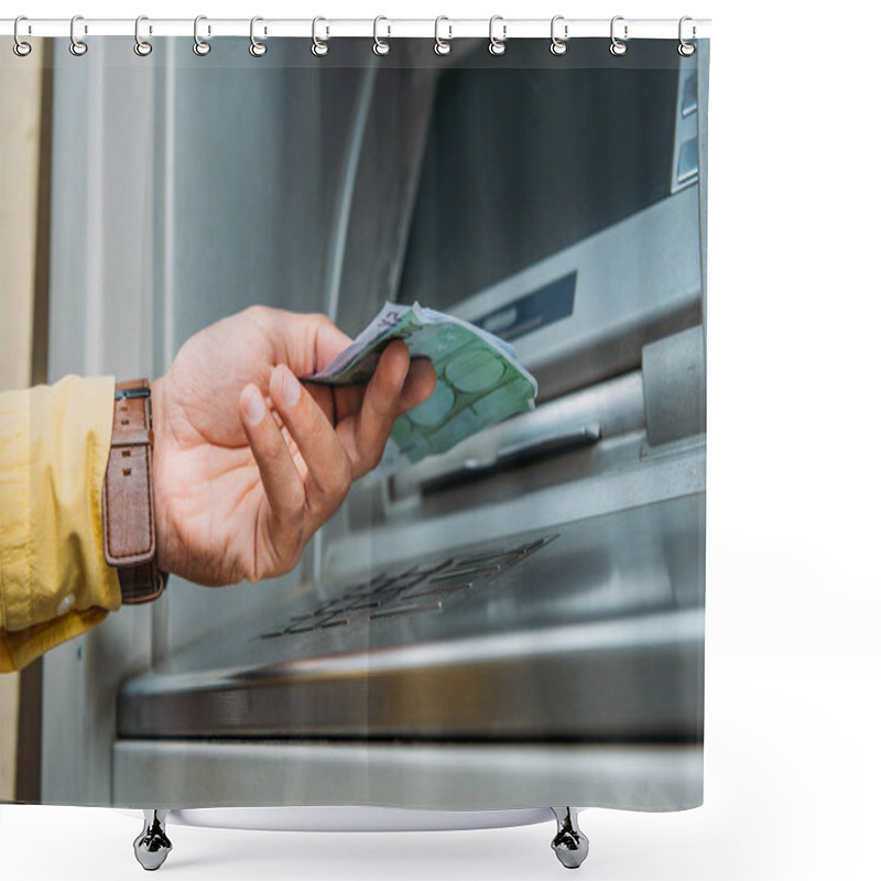 Personality  Cropped View Of Mixed Race Man Taking Money From Atm Machine  Shower Curtains