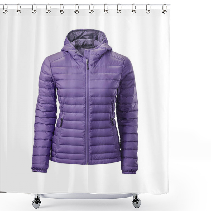 Personality  Women's Purple Hooded Warm Sport Puffer Jacket Isolated Over White Background. Ghost Mannequin Photography Shower Curtains