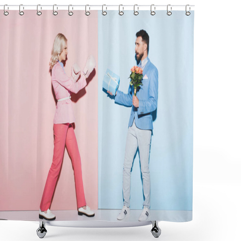 Personality  Angry Woman With Boxing Gloves Fighting With Scared Man With Gift And Bouquet On Pink And Blue Background Shower Curtains