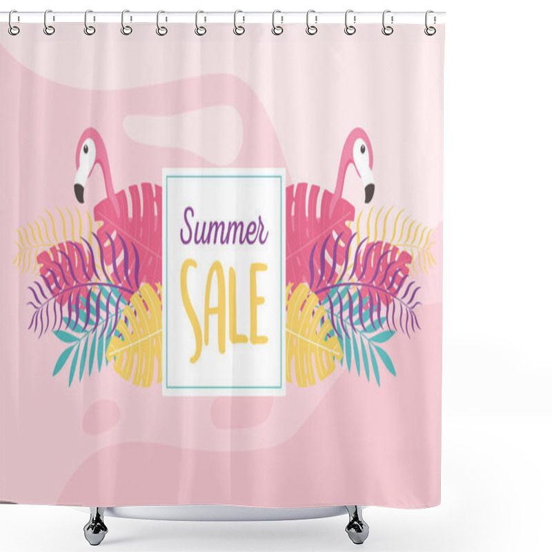 Personality  Flamingos Bird Exotic Tropical Foliage Banner, Hello Summer Sale Shower Curtains