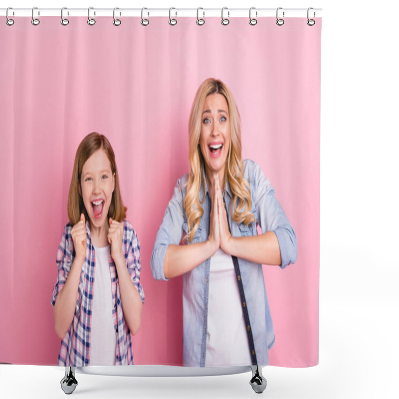 Personality  Portrait Of Ecstatic Mother Daughter Enjoy Corona Virus Victory Put Hands Together Raise Fists Scream Yes Wear Casual Denim Jeans Checkered Plaid Shirt Isolated Pastel Color Background Shower Curtains