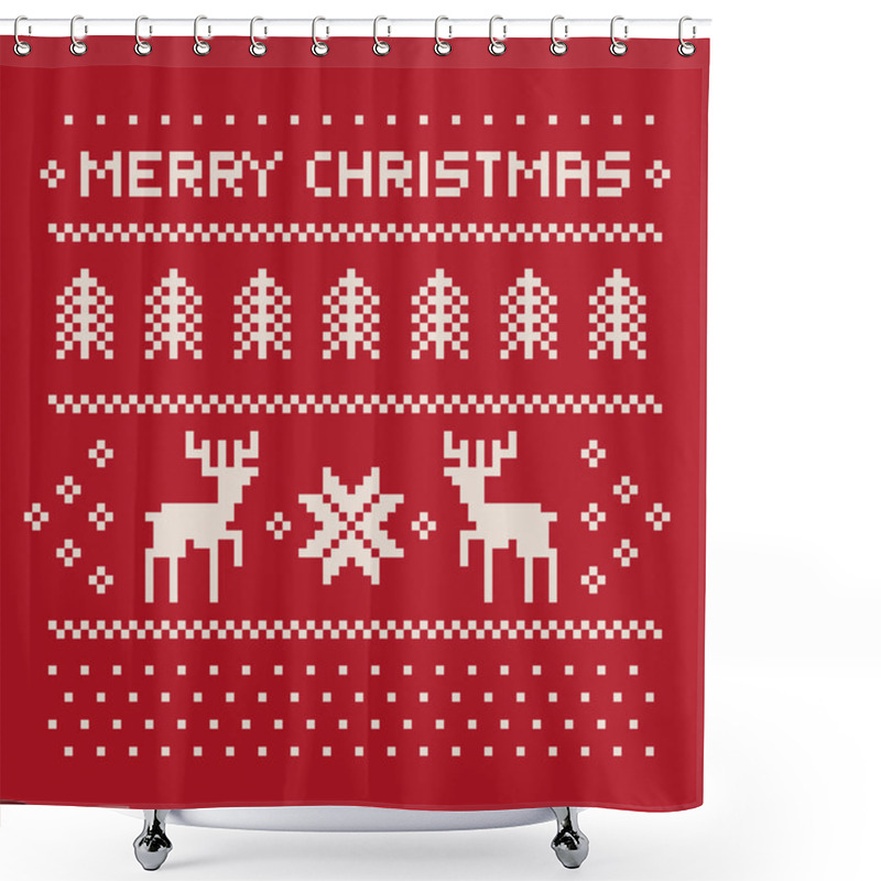 Personality  Christmas Winter Pattern Print For Jersey Or T-shirt. Pixel Deers And Christmas Trees On The Red Background Shower Curtains