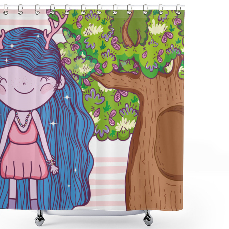 Personality  Girl Fantastic Creature With Antlers And Tree Houses Vector Illustration Shower Curtains