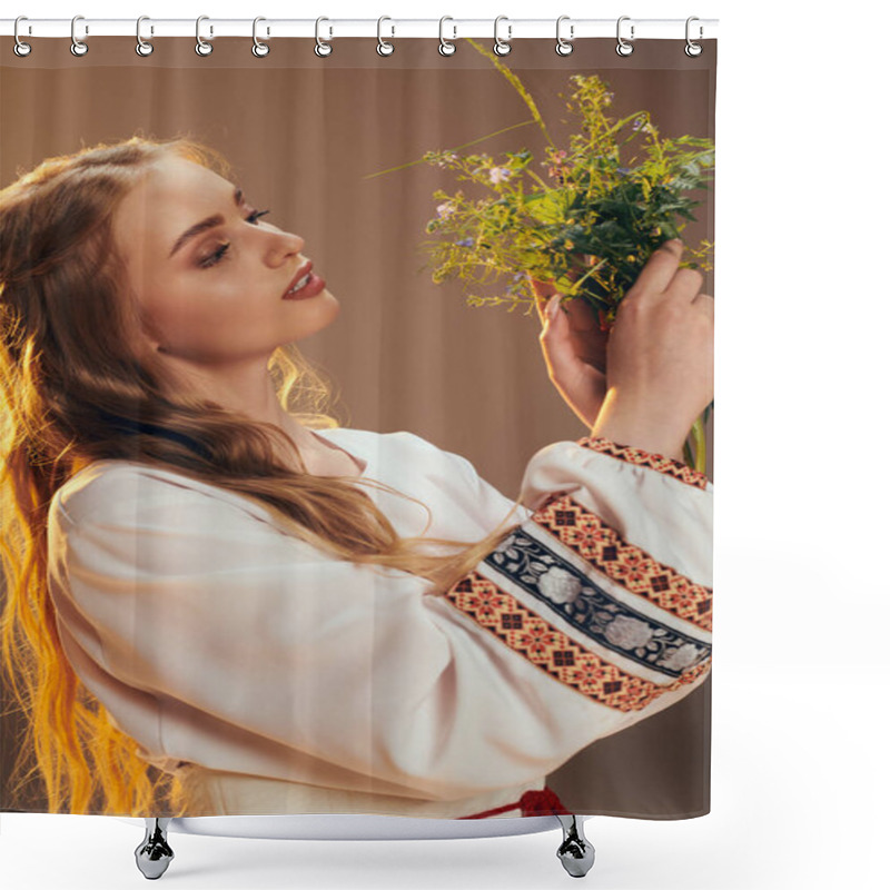 Personality  A Young Woman In A White Dress Gracefully Holding A Bouquet Of Flowers In A Magical Studio Setting. Shower Curtains