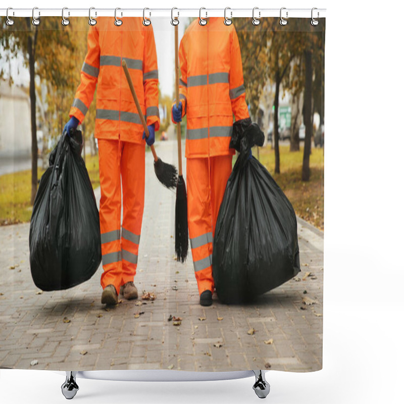 Personality  Street Cleaner With Brooms And Garbage Bags Outdoors On Autumn Day Shower Curtains