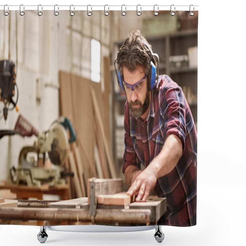 Personality  Carpenter Cutting Piece Of Wood In Workshop Shower Curtains