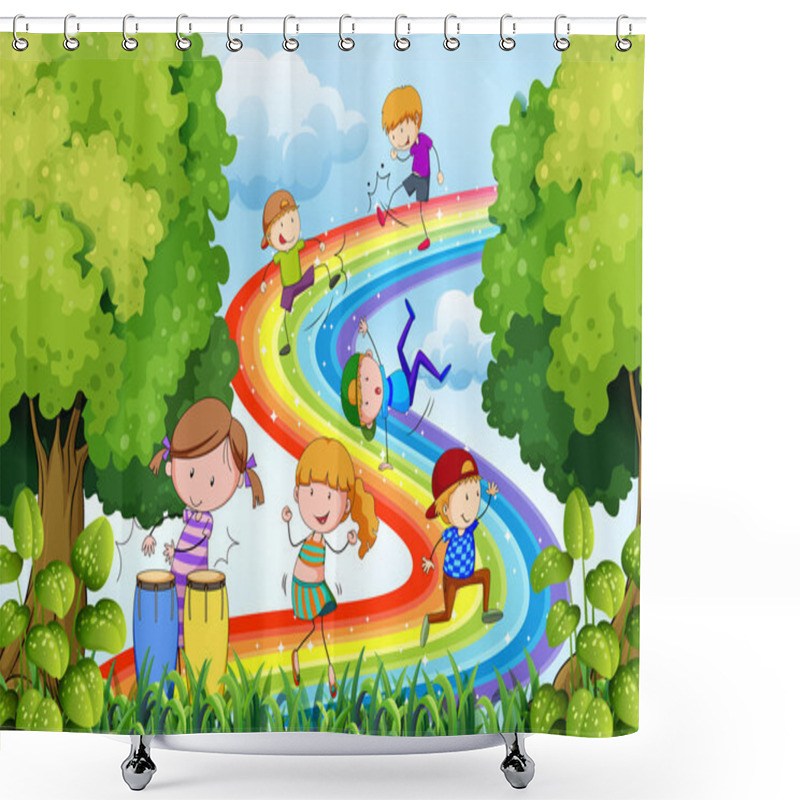 Personality  Children Playing Over The Rainbow Shower Curtains