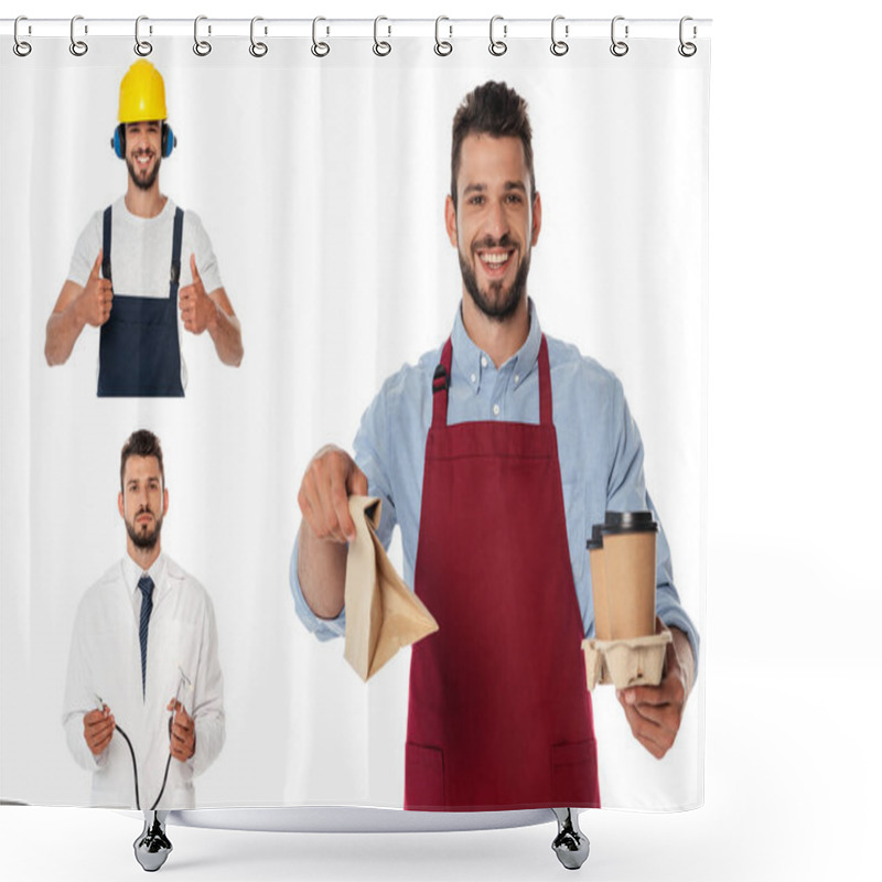 Personality  Collage Of Smiling Waiter With Coffee To Go And Paper Bag, Doctor Holding Stethoscope And Workman Showing Thumbs Up Isolated On White Shower Curtains