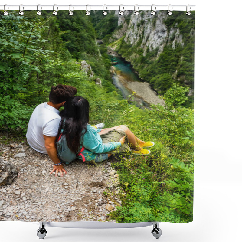 Personality  High Angle View Of Couple Looking At Piva River In Piva Canyon, Montenegro Shower Curtains