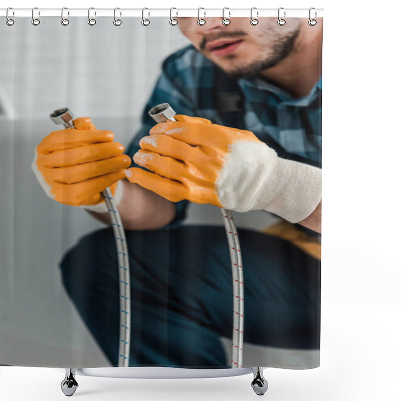 Personality  Selective Focus Of Bearded Repairman Holding Metal Hose  Shower Curtains