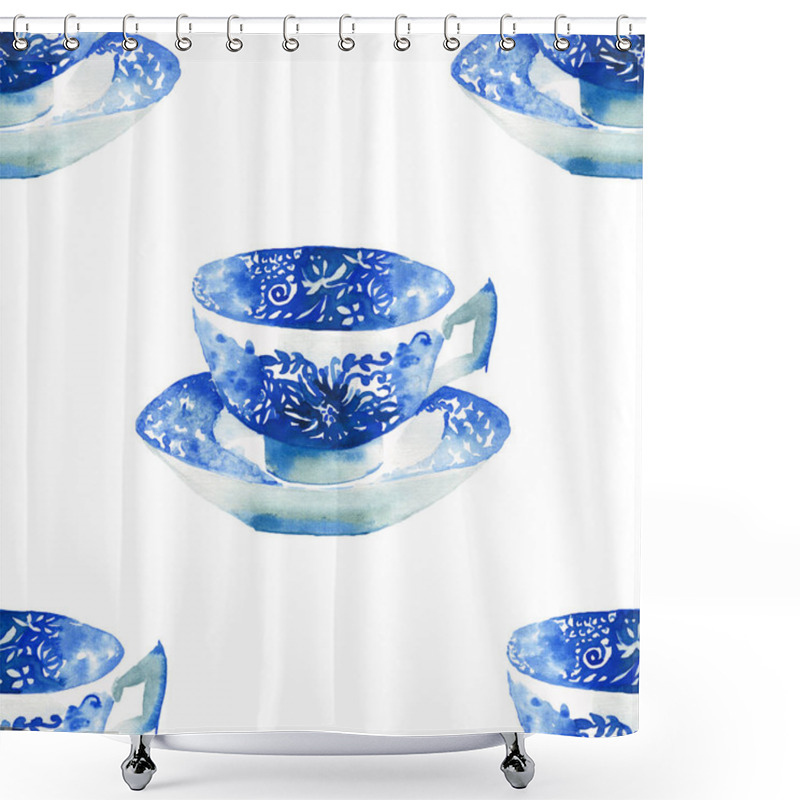 Personality  Beautiful Graphic Lovely Artistic Tender Wonderful Blue Porcelain China Tea Cups Pattern Watercolor Hand Illustration. Perfect For Textile, Menu, Wallpapers Shower Curtains