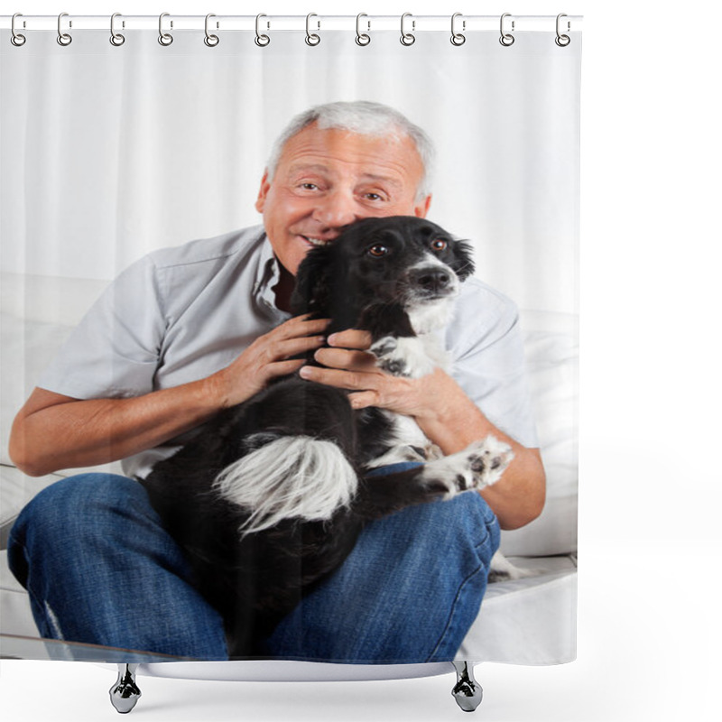 Personality  Happy Senior Man With His Dog Shower Curtains