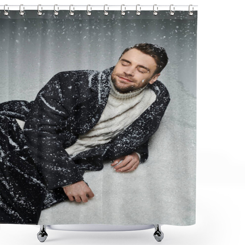 Personality  A Handsome Young Man Relaxes In Soft, Falling Snow, Embracing The Winter Seasons Beauty. Shower Curtains