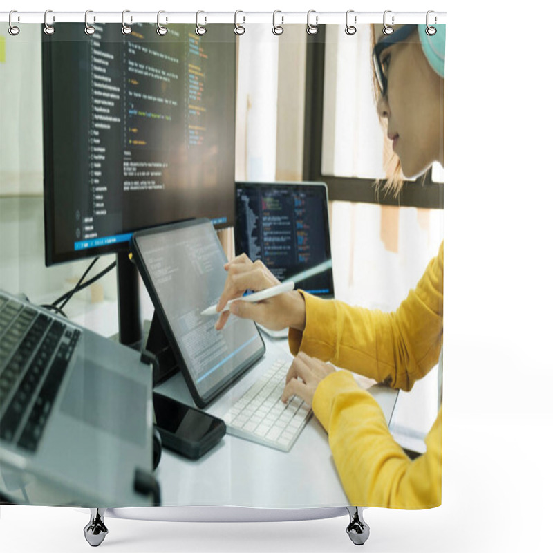 Personality  Programmer Is Coding And Programming Software. Business Woman Working On Computer In The Office. Shower Curtains