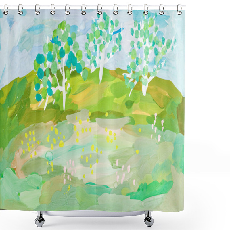 Personality  Children Drawing - Landscape With Three Trees Shower Curtains