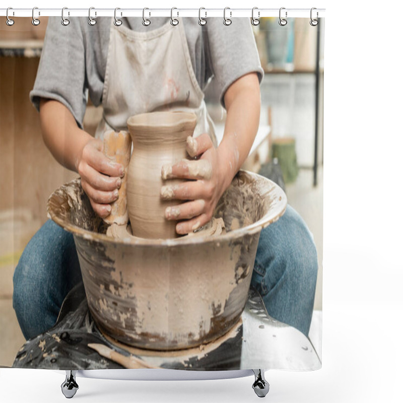 Personality  Cropped View Of Young Female Potter In Apron Making Shape Of Clay Vase With Wooden Scraper On Spinning Pottery Wheel In Art Studio, Clay Shaping And Forming Process Shower Curtains