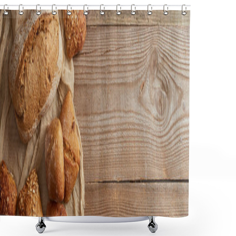 Personality  Top View Of Fresh Baked Bread And Buns On Cloth On Wooden Table, Panoramic Shot Shower Curtains