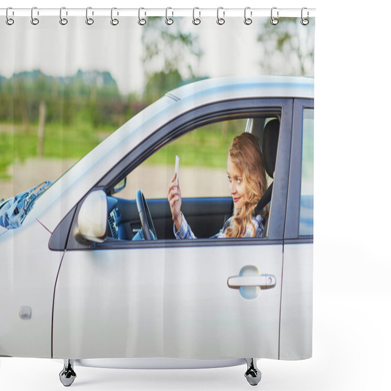 Personality  Young Woman Driving A Car And Using Phone Shower Curtains