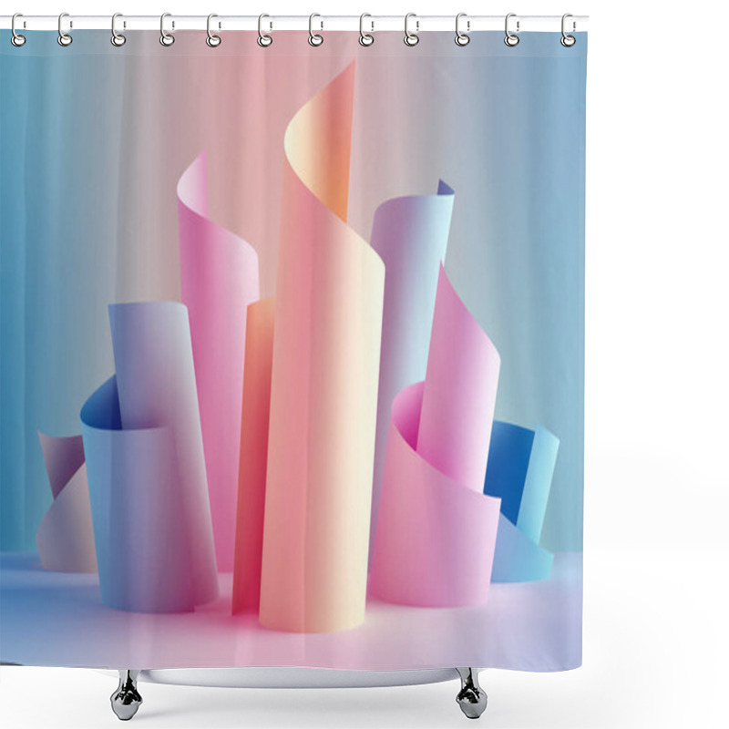 Personality  3d Render, Paper Ribbon Rolls, Abstract Shapes, Fashion Background, Swirl, Pastel Neon Scrolls, Curl, Spiral, Cylinder Shower Curtains