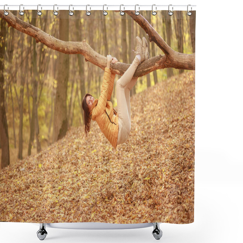 Personality  A Beautiful Young Woman Walks Along A Trail In The Forest, Autumn Dry Leaves On The Ground, Leaf Fall, November. Shower Curtains