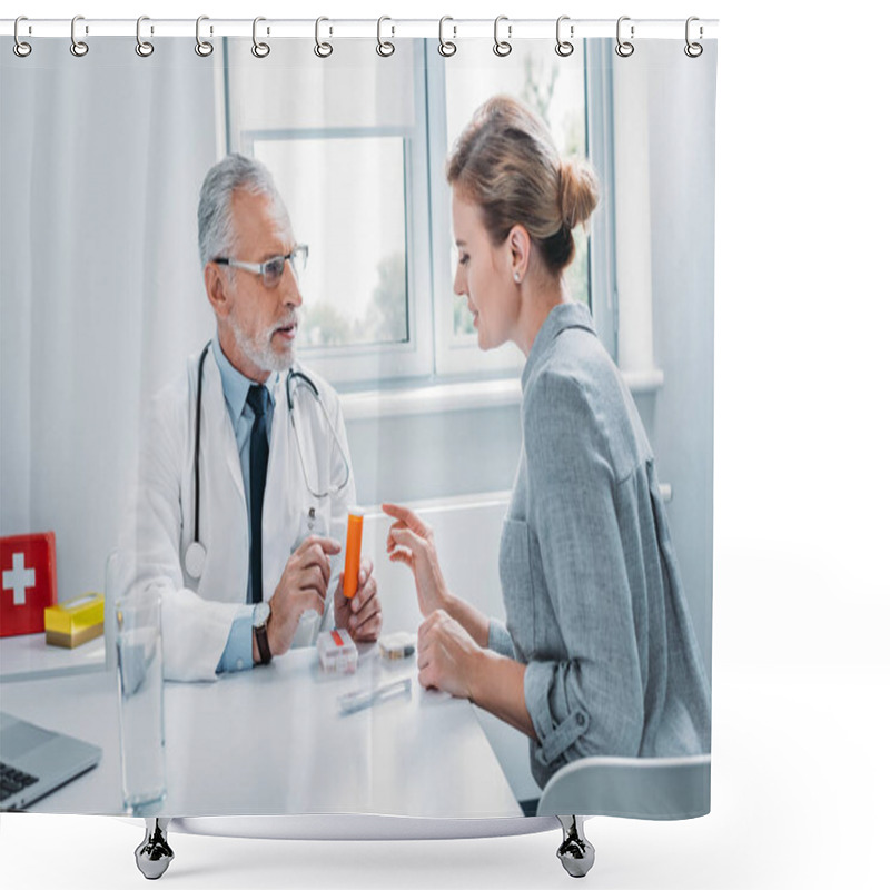 Personality  Middle Aged Male Doctor Pointing At Pills To Female Patient At Table In Office  Shower Curtains