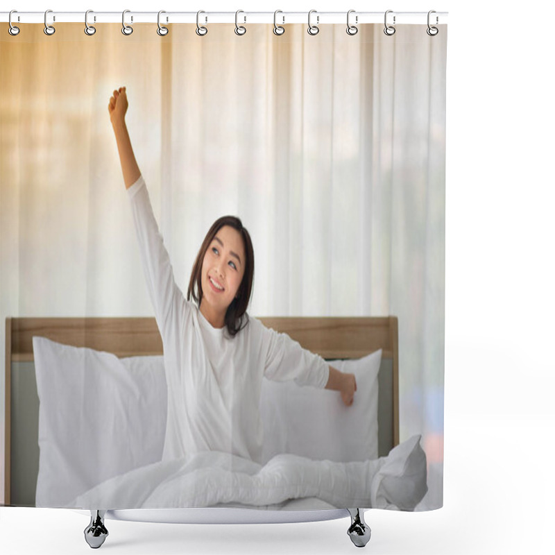 Personality  Asain Teenager Woman Just Wake Up In The Morning In The Bedroom Shower Curtains