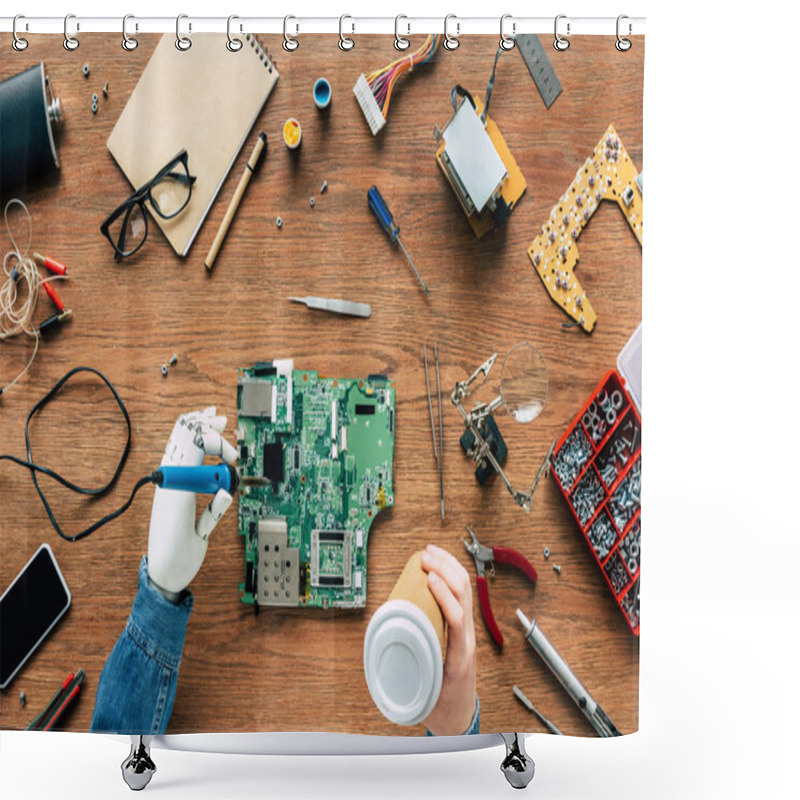 Personality  Cropped Image Of Electronic Engineer With Prosthetic Arm Soldering Motherboard And Holding Paper Cup  Shower Curtains