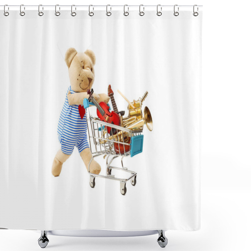 Personality  A Toy Bear Is Pushing A Shopping Trolley With A Lot Of Musical Instruments. Isolated On White.... Shower Curtains