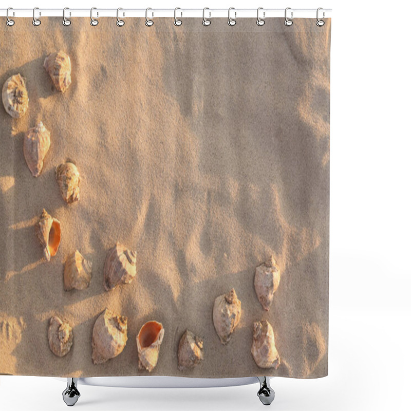 Personality  Flat Lay Composition With Seashells On Sandy Beach. Space For Text Shower Curtains