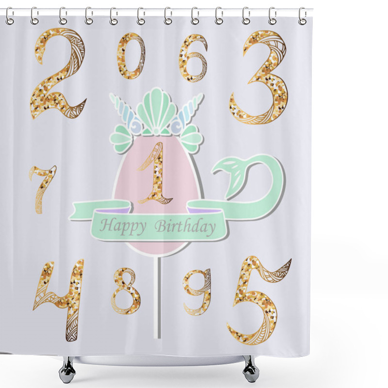 Personality  Vector Set With Number One, Mermaid Tail, Sea Shell Crown. Topper Or Decoration For Mermaid Style Party, Baby Birthday, Invitation, Greeting Card. Gold Numbers As Anniversary Logo, Patch, Sticker Shower Curtains